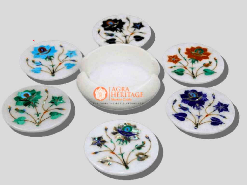 Multi Color Stone Floral Marble Coaster Set